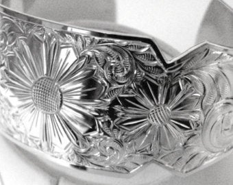 Hand Engraved Sterling Silver Primrose Cuff Bracelet